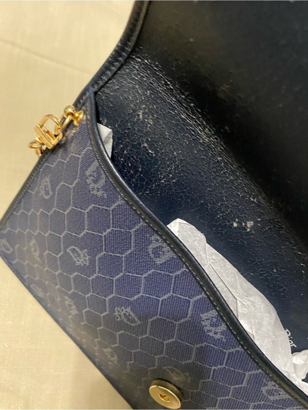 Vintage DIOR Oversized Clutch Bag Wallet Navy Honeycomb Chain Added - Picture 14 of 16